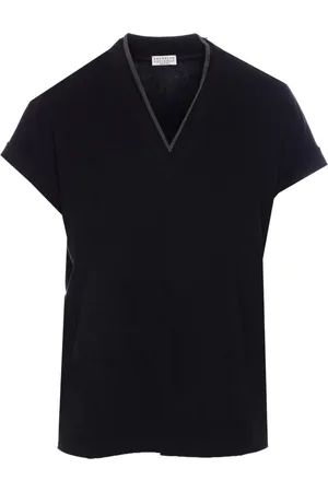 Brunello Cucinelli V-neck top with metallic detail at neckline