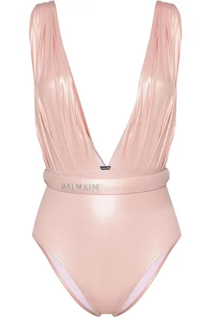 Balmain Logo-embroidered draped-detailed swimsuit