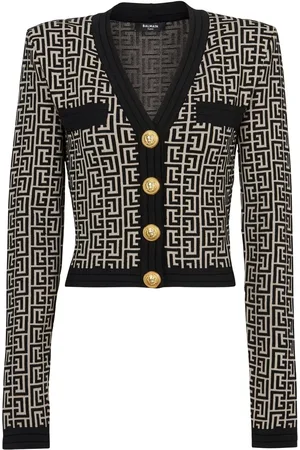 Balmain Monogram-intarsia cropped cardigan