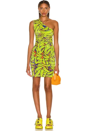 Bottega Veneta Crinkled Banana Print One Shoulder Dress in Green Blue & Coral