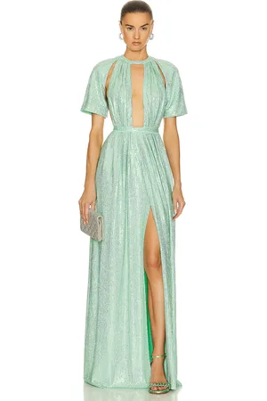 AREA Crystal Embellished Flutter Sleeve Gown in