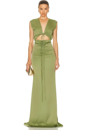 LAPOINTE Stretch Satin Shirred V Neck Maxi Dress in
