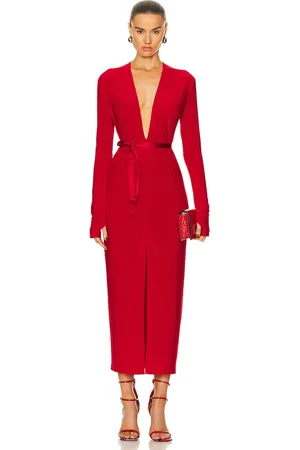 Norma Kamali Long Sleeve Deep V Neck Center Front Slit Gown in