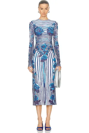 Jean Paul Gaultier Flower Body Morphing Long Sleeve Dress in White Navy & Aqua