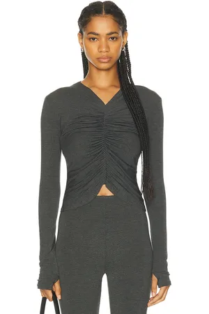 Norma Kamali Long Sleeve V Neck Shirred Front Top in