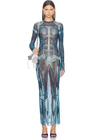Jean Paul Gaultier Ecorche Mesh Long Printed Dress in Blue Light Blue & White