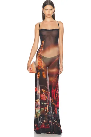 Jean Paul Gaultier Pigalle Mesh Slip Printed Dress in Black Red Orange & Blue