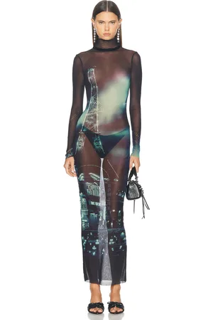 Jean Paul Gaultier Pigalle Turtleneck Mesh Long Printed Dress in Navy Light Blue White & Black