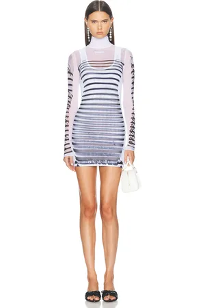 Jean Paul Gaultier Feathers Mariniere Printed Short Dress in White Navy & Black