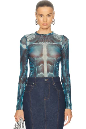 Jean Paul Gaultier Ecorche Mesh Printed Long Sleeve Top in Blue Light Blue & White