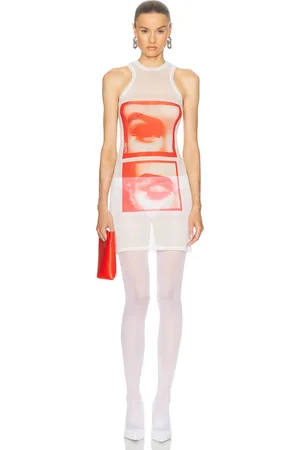 Jean Paul Gaultier Eyes And Lips Mesh Tank Top Short Dress in White Red & Light Orange