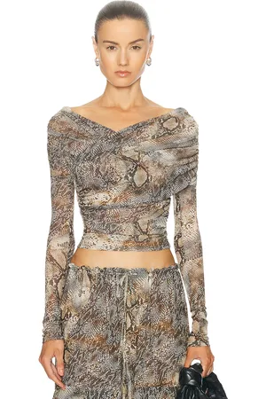 LAPOINTE Printed Mesh Off Shoulder Wrap Top in