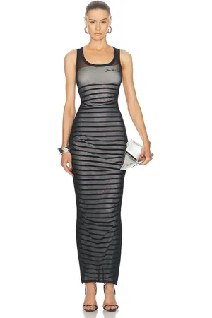 Jean Paul Gaultier Ribbed Mariniere Mesh Layer Long Dress in Navy White & Black