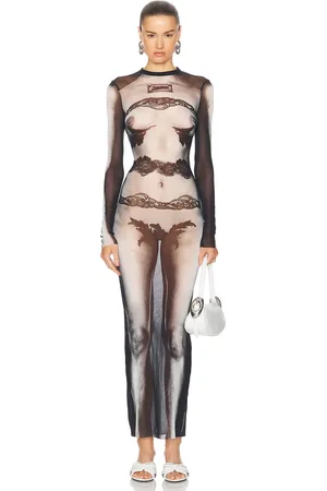 Jean Paul Gaultier Body Lace Mariniere Long Dress in Black Grey & White