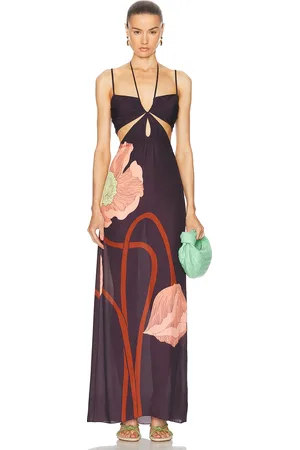 JOHANNA ORTIZ Sacred Plant Maxi Dress in Papaver Somniferum Purple Peach & Terracota