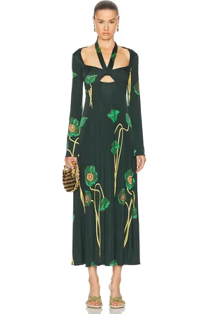 JOHANNA ORTIZ Paisaje Lejano Ankle Dress in Papaver Somniferum Green Yellow & Peach
