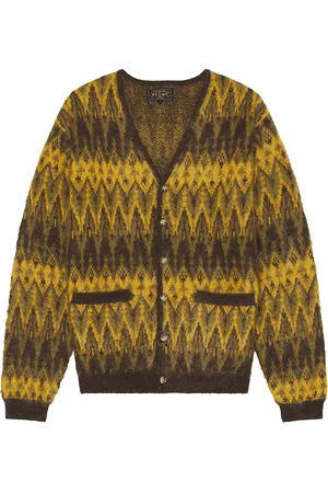 Beams Cardigan Double Jacquard Chevron Pattern in