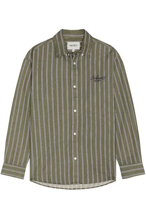 Carhartt Longsleeve Signature Shirt in Betz Stripe Office Green & Aura Stone Washed