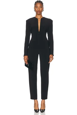 Norma Kamali Long Sleeve Shoulder Pad V Neck Zip Front Tapered Leg Jumpsuit in