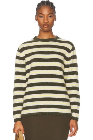 THE ELDER STATESMAN Sinful Stripe Crew Neck Sweater in Olive White & New Yellow