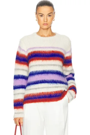 THE ELDER STATESMAN Thistle Vineyard Stripe Crew Neck Sweater in Ivory Persimmon Sapphire Anemone & Light Grey