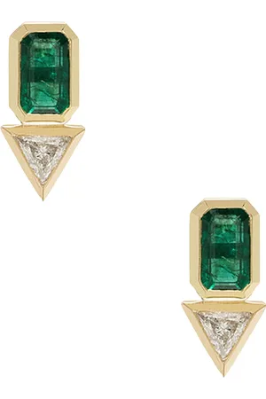 Azlee Emerald & Trillion Diamond Stud Earrings in 18k Yellow Gold Emerald & Diamond