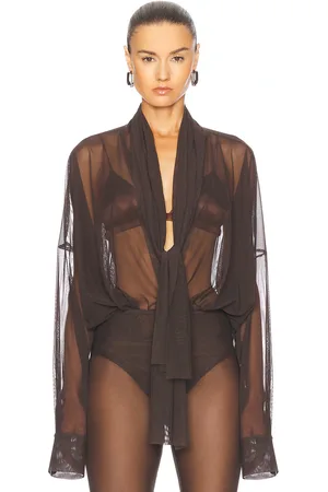 Norma Kamali Super Oversized Boyfriend Shirt Bow Bodysuit in