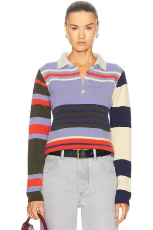 THE ELDER STATESMAN Chaos Stipe Fitted Polo Sweater in New Olive Anemone Persimmon Blue Jay Butter & Navy