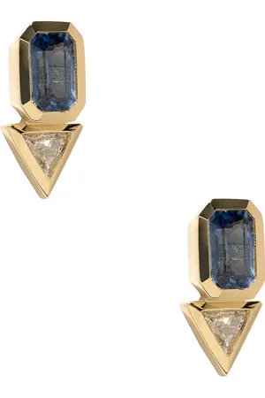Azlee Sapphire & Trillion Diamond Stud Earrings in 18k Yellow Gold Sapphire & Diamond