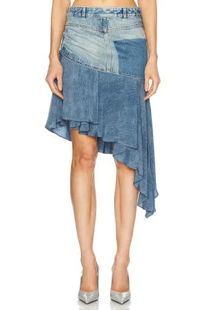Balmain Asymmetric Denim Ruffled Short Skirt in