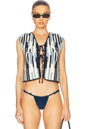 Escvdo Anadara Crochet Vest in Light Blue Navy & Ivory