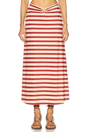 JOHANNA ORTIZ Breath Of Life Midi Skirt in Swim Tie Dye Lines Ecru & Red