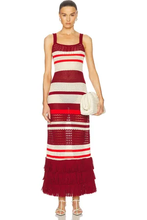 JOHANNA ORTIZ Embayed Dress in Antique Ecru Wine & Red