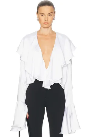 Norma Kamali Long Sleeve Deep V Ruffle Bodysuit in