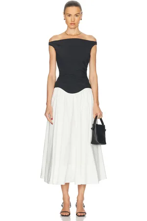 Simkhai Cersei Off Shoulder Midi Dress in White Black Multi in