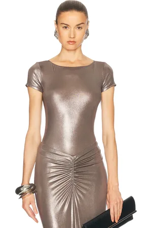 LAPOINTE Coated Jersey Short Sleeve Mock Neck Bodysuit in