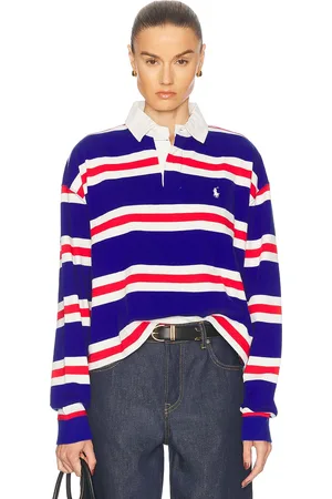 Ralph Lauren Striped Cropped Jersey Rugby Shirt in Pandr Rd Dckwsh Wht & Active Ryl