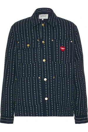 Carhartt Drewe Chore Coat in Rinsed Heart C Pinstripe Ink & Natural