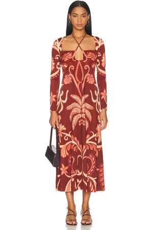 JOHANNA ORTIZ Festive Performance Ankle Dress in Tropical Suit Of Lights Wine Marsala & Ecru