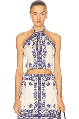 JOHANNA ORTIZ Cantos Andaluz Top in Tropicalismo Andaluz Ecru & Blue