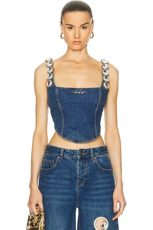 AREA Jumbo Crystal Denim Corset Top in