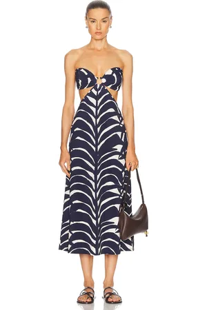 JOHANNA ORTIZ Ocean Layers Ankle Dress in Swim Palm Stripes Ecru & Blue
