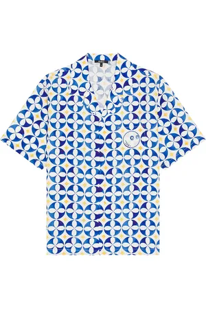 Malbon Golf Riviera Camp Collar Shirt in White Blue & Gold