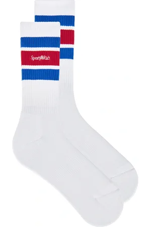 Sporty & Rich Serif Logo Socks in White Paris Blue & Ruby
