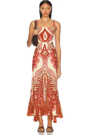 JOHANNA ORTIZ Counter Rhythm Ankle Dress in Palma Sevillana Ecru Red & Pink