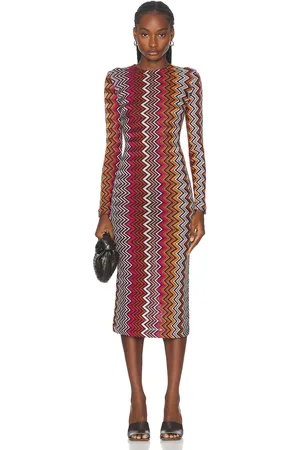 Missoni Long Sleeve Crewneck Midi Dress in Multicolor Black Pink White & Rust