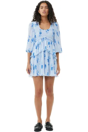 Ganni Pleated Georgette Flounce Smock Mini Dress in Heather Size 4 Polyester Women