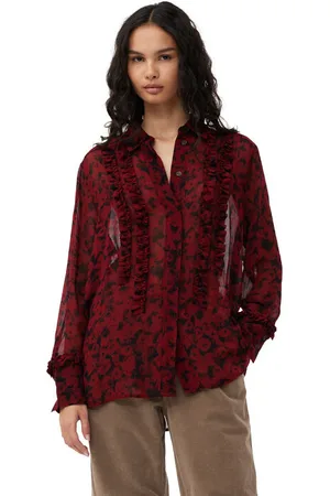 Ganni Red Printed Light Georgette Ruffle Shirt in Size 8 Viscose Women