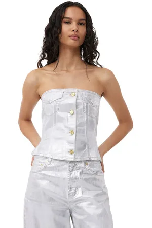 Ganni Silver Foil Denim Corsage in Bright Size 14 Organic Cotton Women