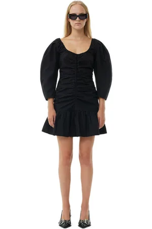 Ganni Cotton Poplin Gathered U-neck Mini Dress Size 12 Women